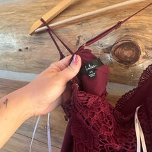 Load image into Gallery viewer, Lulus Madalyn Burgundy Lace Maxi Dress size XS