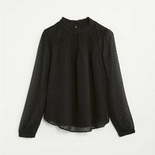 Load image into Gallery viewer, Ann Taylor Loft Clip Dot Shirred Ruffle Neck Blouse size Large