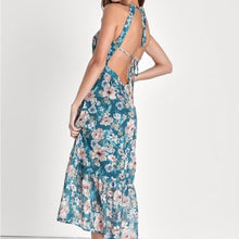 Load image into Gallery viewer, Lulus Pleasant Presence Teal Blue Floral Jacquard Tie-Back Midi Dress size S