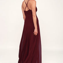 Load image into Gallery viewer, Lulus Madalyn Burgundy Lace Maxi Dress size XS