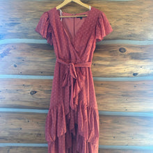 Load image into Gallery viewer, Lulus Have Harmony Mauve Swiss Dot Ruffled Faux Wrap Midi Dress size XS