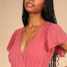 Load image into Gallery viewer, Lulus Have Harmony Mauve Swiss Dot Ruffled Faux Wrap Midi Dress size XS