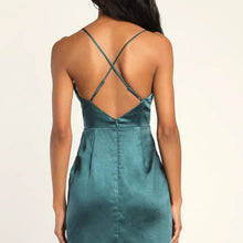 Load image into Gallery viewer, Lulus Hot Night Out Teal Green Satin Surplice Faux-Wrap Dress size XS