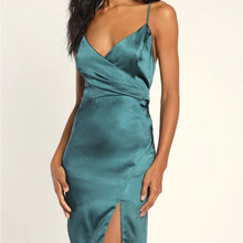 Load image into Gallery viewer, Lulus Hot Night Out Teal Green Satin Surplice Faux-Wrap Dress size XS