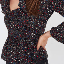 Load image into Gallery viewer, Madewell Silk Ruffle-Hem Wrap Top in Starry Night size XXS