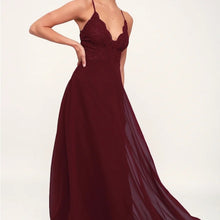 Load image into Gallery viewer, Lulus Madalyn Burgundy Lace Maxi Dress size XS

