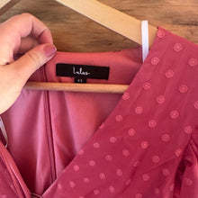 Load image into Gallery viewer, Lulus Have Harmony Mauve Swiss Dot Ruffled Faux Wrap Midi Dress size XS
