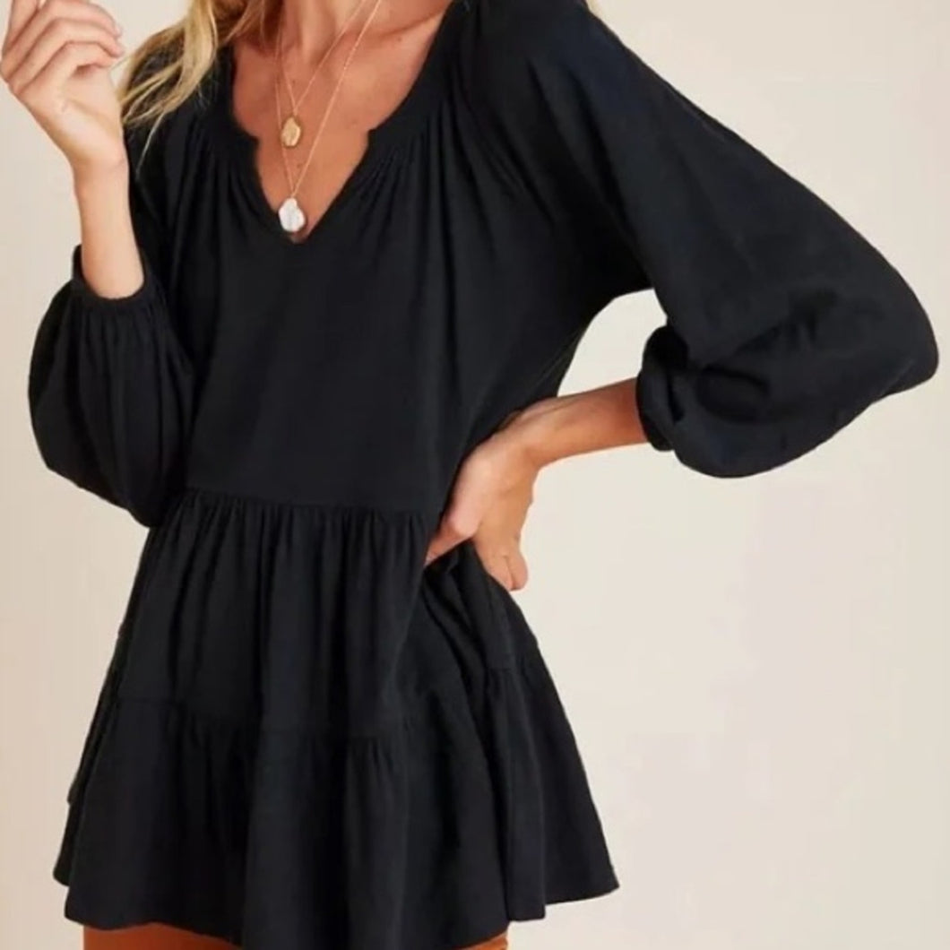 Anthropologie Maeve Isola Tiered Babydoll Black Blouse size XS