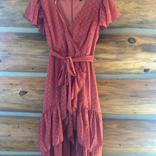 Load image into Gallery viewer, Lulus Have Harmony Mauve Swiss Dot Ruffled Faux Wrap Midi Dress size XS
