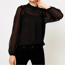 Load image into Gallery viewer, Ann Taylor Loft Clip Dot Shirred Ruffle Neck Blouse size Large
