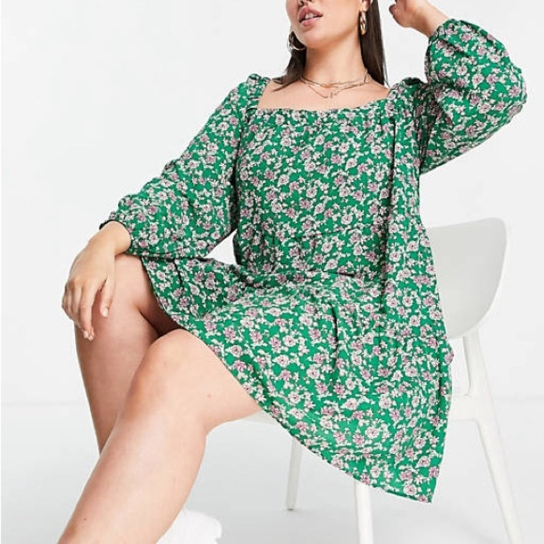 ASOS DESIGN Tiered Trapeze Mini Smock Dress In Green Floral Print size Large