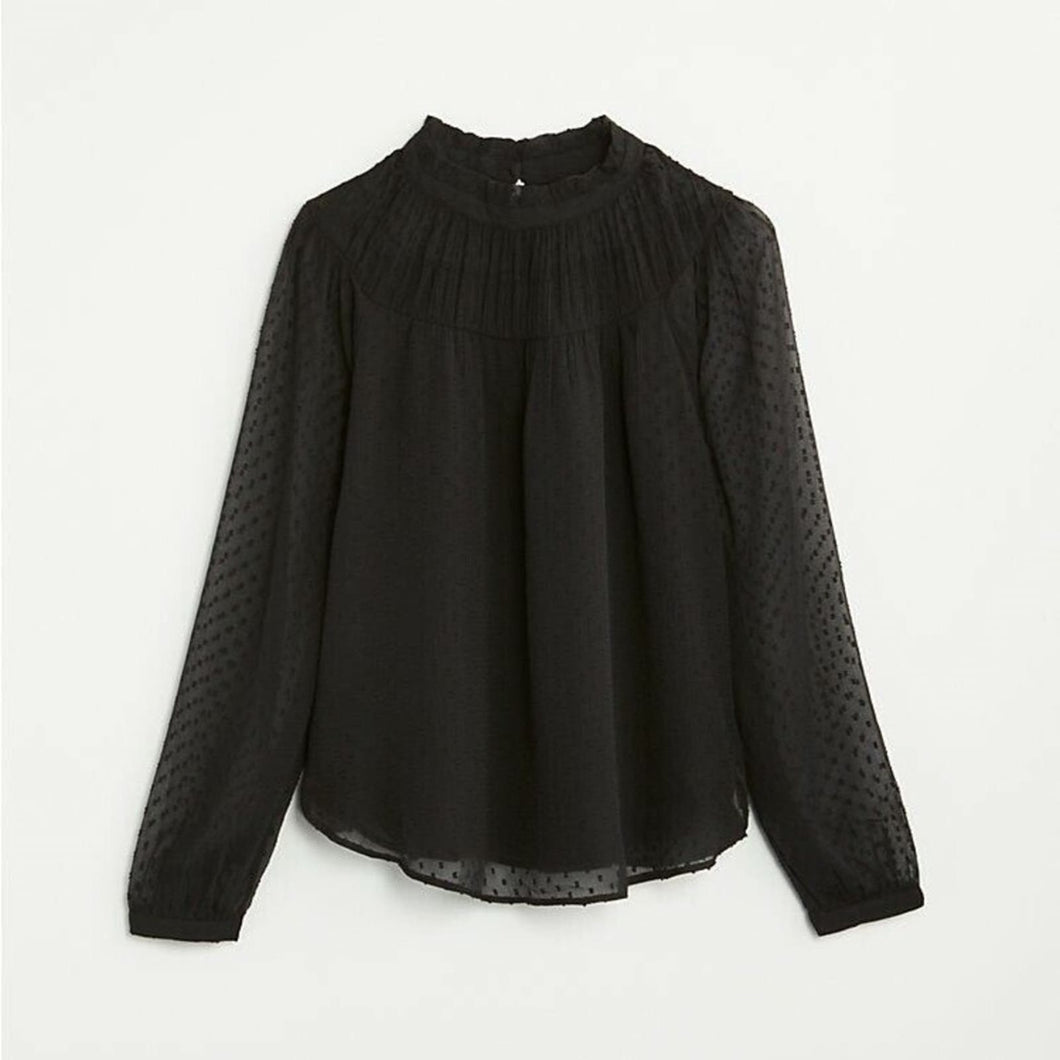 Ann Taylor Loft Clip Dot Shirred Ruffle Neck Blouse size Large