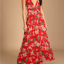 Load image into Gallery viewer, Lulu’s Roaming the Riviera Red Tropical Print Sleeveless Maxi Dress size XS
