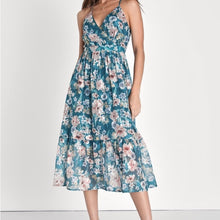 Load image into Gallery viewer, Lulus Pleasant Presence Teal Blue Floral Jacquard Tie-Back Midi Dress size S
