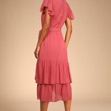 Load image into Gallery viewer, Lulus Have Harmony Mauve Swiss Dot Ruffled Faux Wrap Midi Dress size XS
