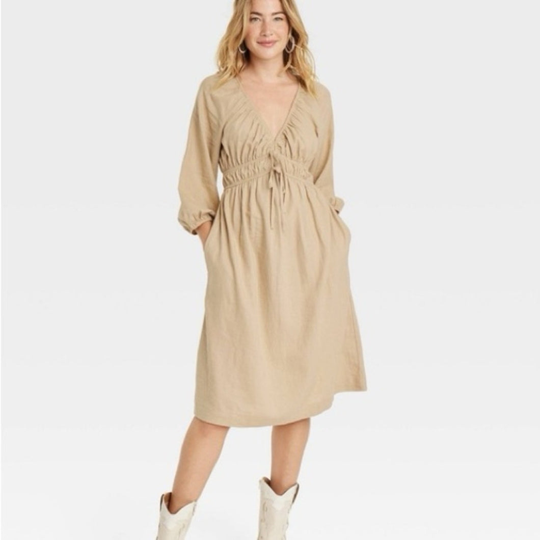 Universal Thread Khaki 3/4 Sleeve Puff Sleeve Dress size M