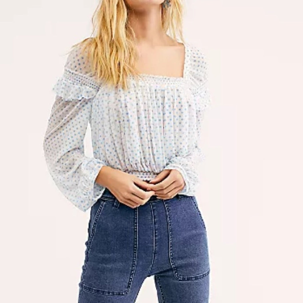 Free People White Polka Dot Mesh Long Sleeve Crop Top size L