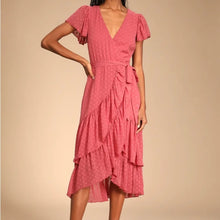 Load image into Gallery viewer, Lulus Have Harmony Mauve Swiss Dot Ruffled Faux Wrap Midi Dress size XS
