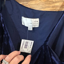 Load image into Gallery viewer, NWT J.O.A Crushed Velvet Cold Shoulder Ruffle Blue Top size S
