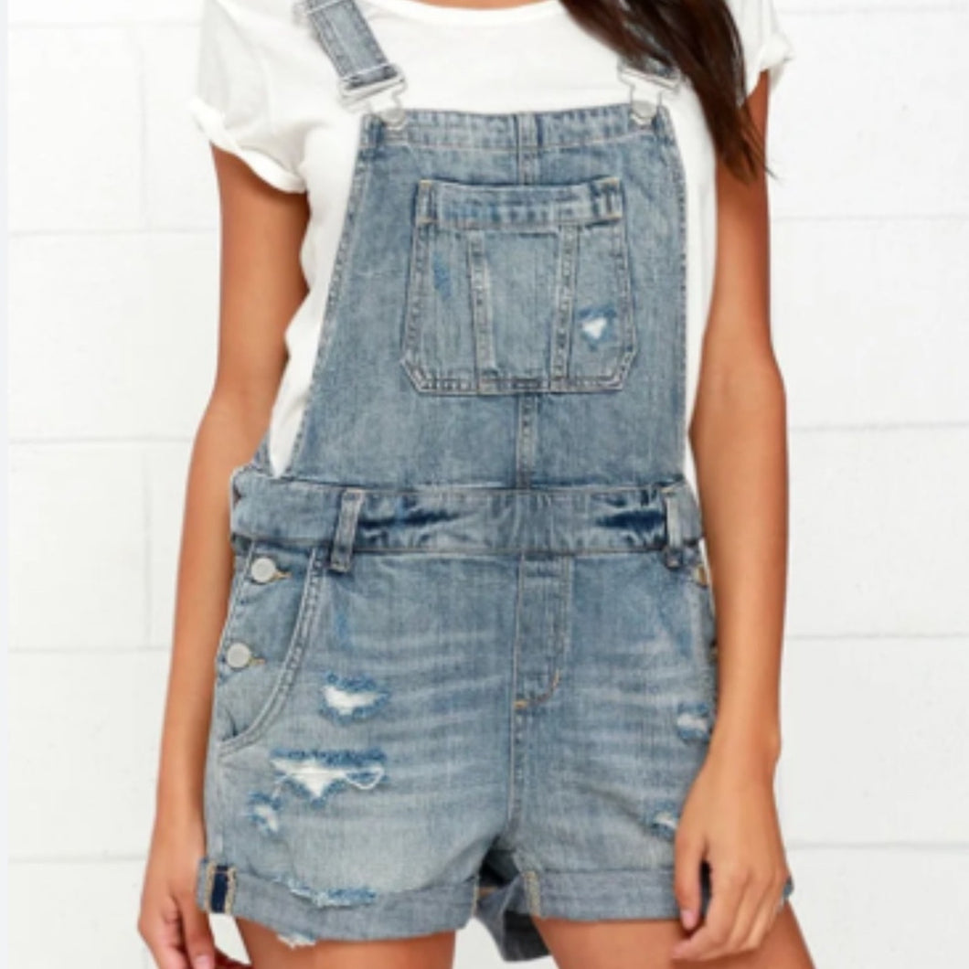 Blank NYC Medium Wash Short Distressed Denim Overalls size M