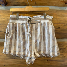 Load image into Gallery viewer, Umgee Women&#39;s Striped Linen Blend High Rise Paper Bag Shorts Raw Edge Beige size M

