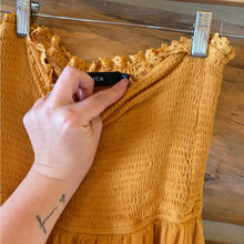 Load image into Gallery viewer, Zesica Tiered Smocked Strapless Mustard Maxi Dress size Medium
