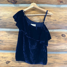 Load image into Gallery viewer, NWT J.O.A Crushed Velvet Cold Shoulder Ruffle Blue Top size S
