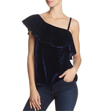 Load image into Gallery viewer, NWT J.O.A Crushed Velvet Cold Shoulder Ruffle Blue Top size S
