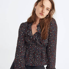 Load image into Gallery viewer, Madewell Silk Ruffle-Hem Wrap Top in Starry Night size XXS
