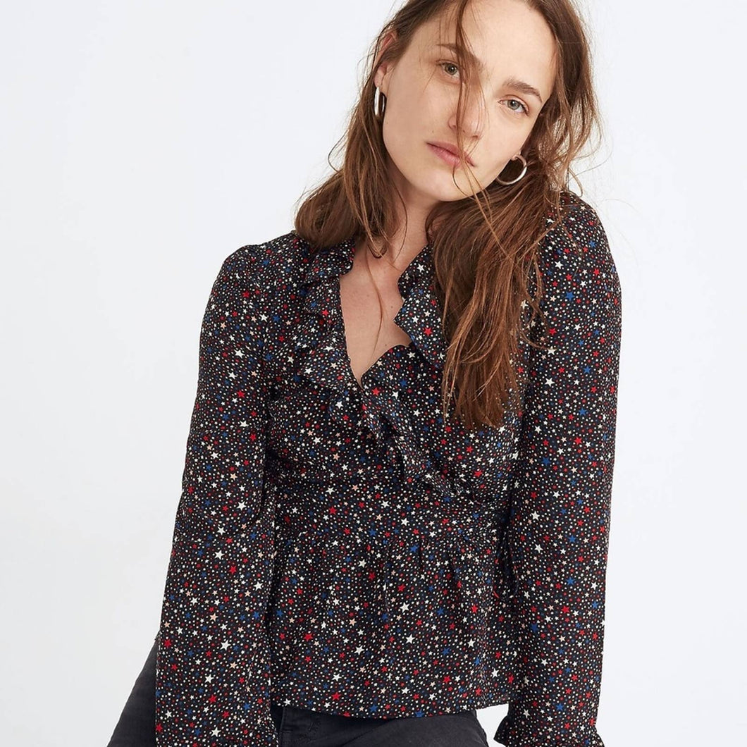 Madewell Silk Ruffle-Hem Wrap Top in Starry Night size XXS